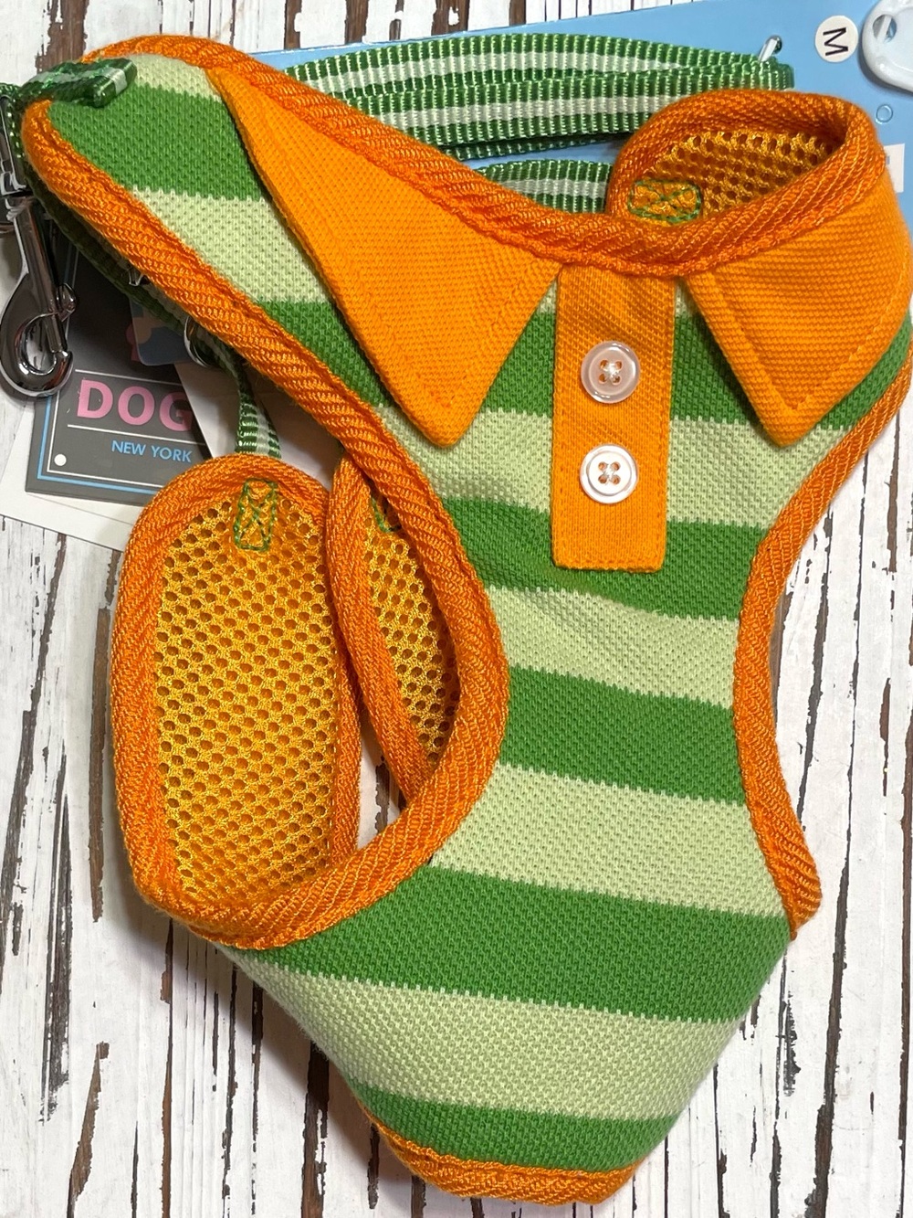 Striped Green & Orange Dog Harness with leash included medium